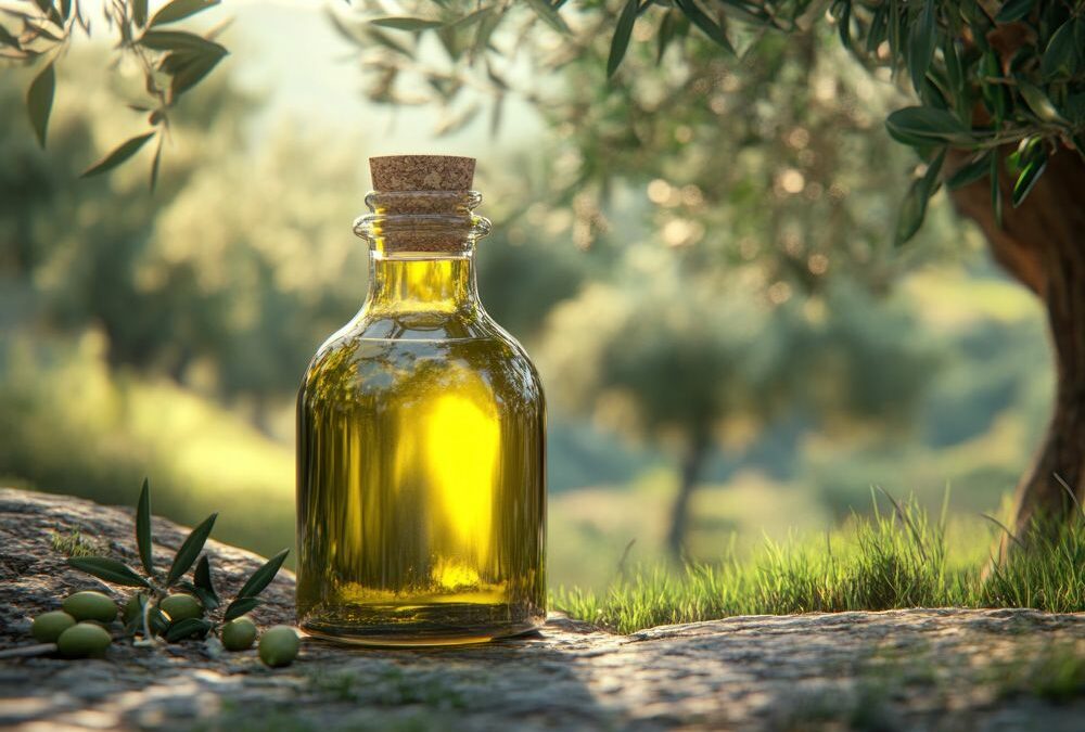 Flasche mit frischem Olivenöl
